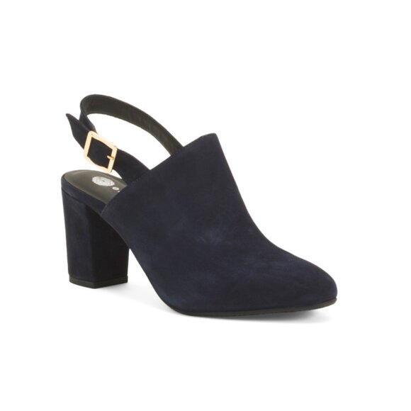 ERIC MICHAEL Navy Made In Portugal Suede Blanche Heel Mules - Picture 1 of 2